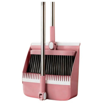 Broom and Dustpan Set, Long Handle Standing Broom with Self-Cleaning Comb Teeth, Heavy Duty Broom Dustpan Combo for Home Kitchen Office Floor Pet Hair Cleaning (Pink) - color: Pink