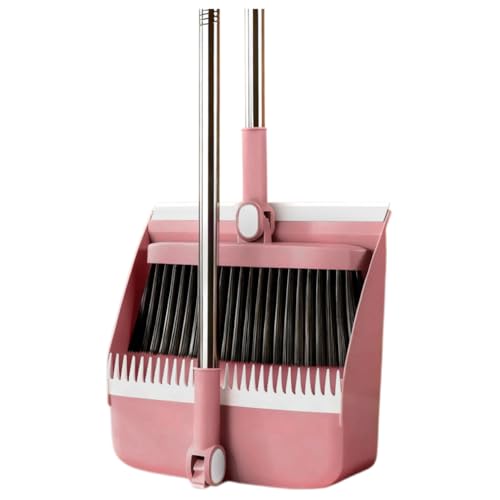 Broom and Dustpan Set, Long Handle Standing Broom with Self-Cleaning Comb Teeth, Heavy Duty Broom Dustpan Combo for Home Kitchen Office Floor Pet Hair Cleaning (Pink) - color: Pink