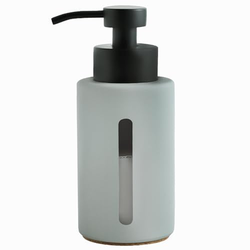 Enra Glass Dish Soap Dispenser with Window,12oz Light Gray Soap Dispenser with Stainless Steel Hand Lotion Pump,Refillable Bathroom Soap Dispenser for Bathroom Kitchen(Light Gray/Liquid Type) - color: Light Gray/Liquid Type
