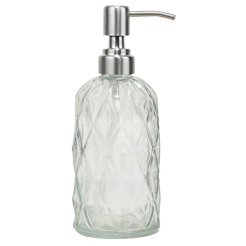 12Oz Clear Glass Soap Dispenser with Stainless Steel Pump, Diamond Design Refillable Kitchen Liquid Hand Soap Dispenser, for Dispense Hand soap, Dish Soap, Lotion, Bathroom, Countertop, Hotel - color: Clear a