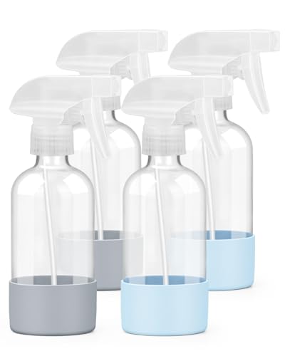 Worldgsb 4 Pack Glass Spray Bottles 8 oz, Empty Refillable Containers with Silicone Sleeve Protection, Glass Spray Bottles for Cleaning Solutions, Hair and Plants with Adjustable Nozzles Blue&Grey - color: Blue&Grey*2