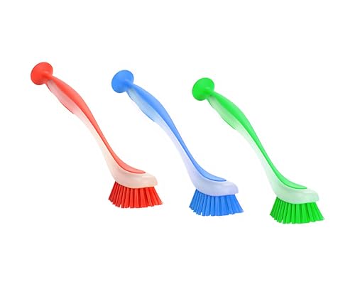 Zuvo Dish Brush with Suction Cup, Dish Scrubber & Scrub Brush, Set of 3 | Long-handle kitchen scrub brush, PET bristles, for dishes, pots, pans, sink & cast iron, 3 assorted colors, suction base