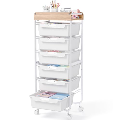 6 Drawer Rolling Cart for Craft Storage,Utility Drawer Organizer with Handle and Wooden Top, Storage on wheels for Office, Classroom,Laundry，Garage, Snack,Art Supply,White - color: White, size: 6-Drawer