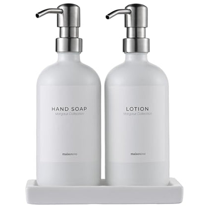 MaisoNovo Soap and Lotion Dispenser Set - Bathroom Soap Dispenser Set with White Soap Dispenser, Silver Pumps & Ceramic Tray - color: White Bottles/ Silver Pumps/ White Ceramic Tray