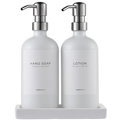 MaisoNovo Soap and Lotion Dispenser Set - Bathroom Soap Dispenser Set with White Soap Dispenser, Silver Pumps & Ceramic Tray - color: White Bottles/ Silver Pumps/ White Ceramic Tray