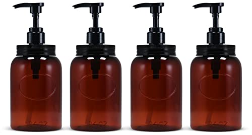 24 oz Wide Mouth Plastic Bottle Dispensers, Amber, Set of 4 | Lotion pumps, high-viscosity, large capacity, for shampoo, for conditioner, for body wash, for laundry - color: Amber