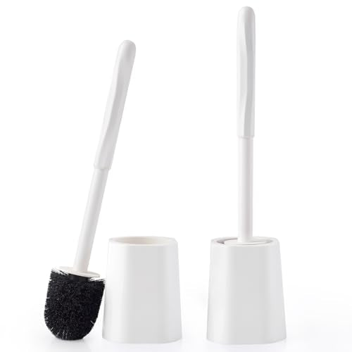 2 Pack Toilet Brush for Bathroom, Toilet Brush and Holder Set, Toilet Bowl Brush with Long Handle for Drip-Proof Deep Cleaning with Hidden Scrubber Brush White