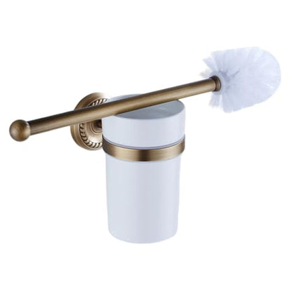 Toilet Brush and Holder Set 14.6in Brass Antique Wall Mounted Toilet Brush with Ceramic Cup Elegant Bathroom Essentials Bowl Cleaners Bowl and Holder