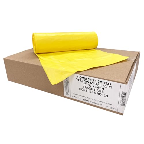 Ultrasac Heavy Duty 55 Gallon Yellow Trash Bags - (Value 50 Pack) - 1.5 MIL equivalent Industrial Strength Plastic 37" x 54" for 50-55 Gal Cans -Fits Toter, Rubbermaid Brute, Carlislie Bronco etc. - color: Yellow, style: 50-55 Gal, 1.5 Mil Equiv, 50 Count