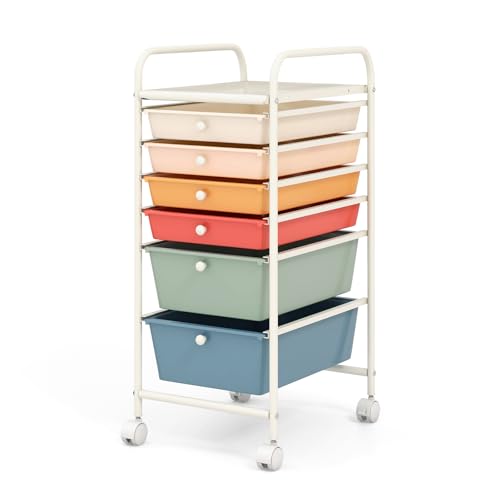 COSTWAY 6-Drawer Rolling Storage Cart, Multifunctional Art Craft Tools Organizer on Wheels, Heavy Duty Utility Mobile Storage Trolley w/ 2 Lockable Wheels for Home Office School, Macaron - color: Macaron, size: 6 Drawer