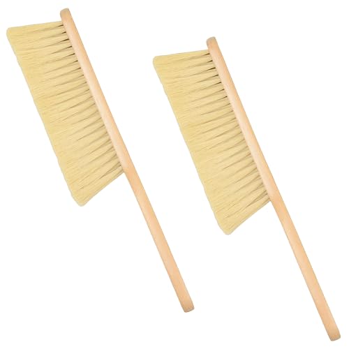 2 Pieces Woooden Dust Brush Hand Broom Bench Brush with Long Wood Handle Whisk Broom Soft Bristle Brush for Counter Bed Sofa Car Fireplace Clothes Household Cleaning (Brown) - color: Brown