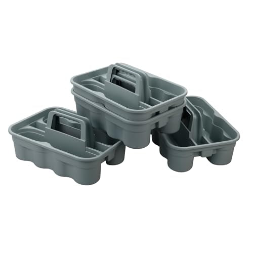 Kekow 4-Pack Plastic Storage Caddy, Carry Caddy with Handle, Gray | Portable Handle, Dual Compartment Design, Fits Tall Spray Bottles, Durable Plastic, for Home Hotel Restaurant Office