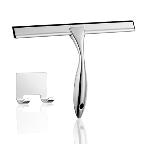 10-inch Stainless Steel Shower Squeegee for Glass Doors, Silver Squeegee for Shower Glass with Hook, Water Wiper, Bathroom Squeegee, Water Wiper for Tile Wall Car Mirror Door - color: Silver
