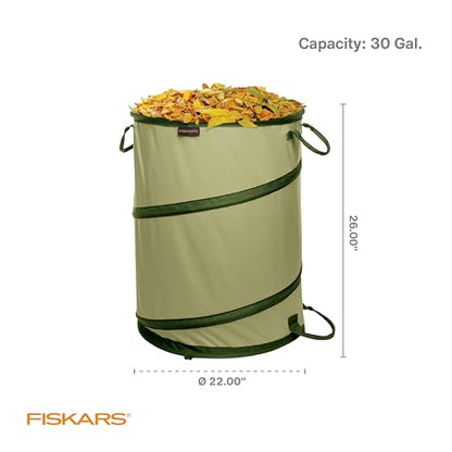 Fiskars Kangaroo Collapsible Spring Up Garden Bag for Yard Waste, Grass, Branches & Weeds, Tear & Mildew Resistant Vinyl-Coated Polyester, Folds Flat to 3 Inches for Space-Saving Storage, 30 Gallon
