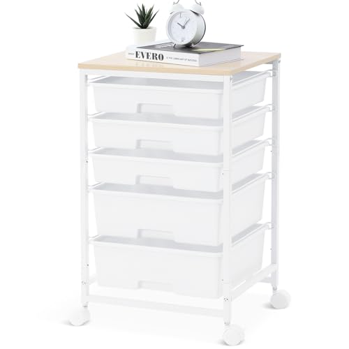 SYKIARIOL Utility Cart with 5 Drawers,Storage Drawer Cart with Wooden Tabletop and Lockable Wheels,Craft Storage Trolley Cart,5-Tier Rolling Utility Cart on Wheels,Bright White - color: Bright White