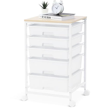 SYKIARIOL Utility Cart with 5 Drawers,Storage Drawer Cart with Wooden Tabletop and Lockable Wheels,Craft Storage Trolley Cart,5-Tier Rolling Utility Cart on Wheels,Bright White - color: Bright White
