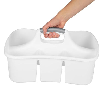 Large Divided Ultra Cleaning Caddy, White Plastic Under Sink Organizer with 4 Compartments, Curved Easy Carry Handle for Household Cleaning Supplies Storage