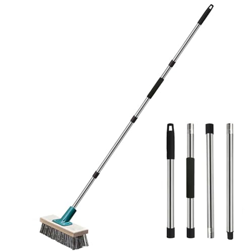 Push Broom Brush Stainless Steel Wire Scrub Brush with Long Handle for Moss, Tough Stains on Deck, Grout, Garage, Patio