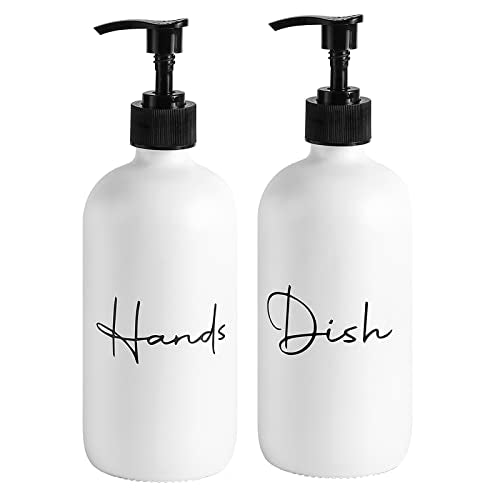 17 oz Hand Soap Dispenser Glass Liquid Dish Soap Bottles, Refillable Empty Lotion Pump Bottles for Bathroom Decor, Kitchen Sink, Matte Design, White, Pack of 2 - color: White, size: Hand + Dish-Z