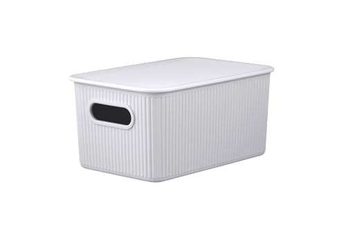 Decorative Plastic Basket Lidded Home Storage Bins Organizer Baskets, Medium White Smoke (1 Pack - 5 Liter) Stackable Container Box, for Organizing Closet Storage Bins for Shelves - Ribbed Collection - color: White Smoke, size: 5 L