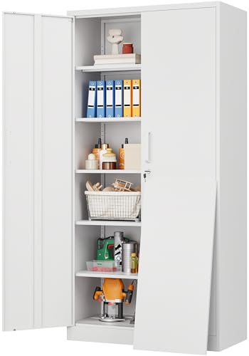 Wide & Deep Metal Storage Cabinet with 2 Doors and 5 Adjustable Shelves,White Locking Metal Cabinet,Large Garage Storage Cabinets,Lockable Tall Pantry Cabinets for Home,Office,Garage,Shop 72x36x18 - color: White, size: 72"H -2 Door -Wide & Deep