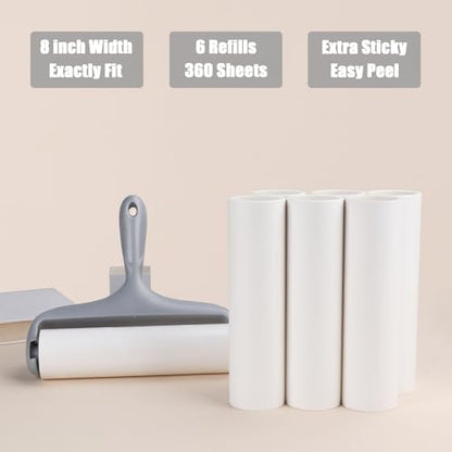 8 inch Large Surface Lint Roller Refills for Scotch-Brite 50% Stickier 8" Wide Lint Roller Replacement Refills for Pet Hair Extra Sticky 60 Sheets per Refill Pack of 6 Total 360 Sheets - size: 8 inch Large Surface