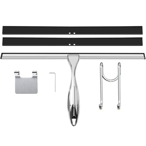 TOOVEM 14 Inch Shower Squeegee for Glass Doors, Window, Bathroom, Car Windshield, Shower Cleaning Tools with S Hook, Square Sticky Hook (Silver) - style: Silver 14 inch