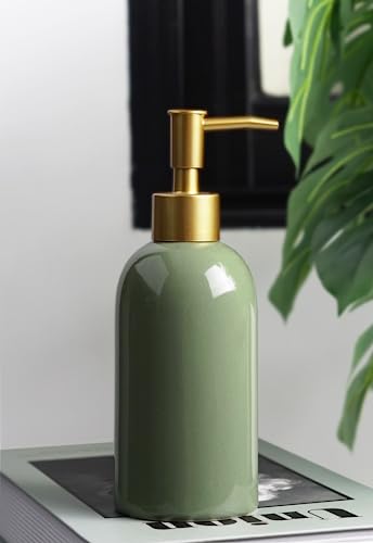 2Pack Ceramic Soap Dispenser Green with Gold Pump,Modern Design Cylindrical Lotion Dispenser Bottle,Refillable Liquid Hand Soap Dispenser for Kitchen,Bathroom,Washroom - color: 2pcs Green