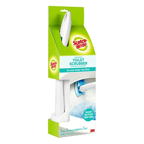 Scotch-Brite Disposable Toilet Scrubber Starter Kit, Disposable Refills with Built-in Bleach Alternative, Includes 1 Handle, Storage Caddy and 5 Refills