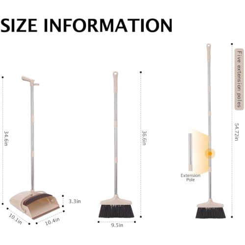 Broom and Dustpan Set with Long Handle, Light Weight Stainless Steel Poles Stand Upright Dustpans with Broom Combo for Home Kitchen Office Pet Dog Hair, Brown & Beige Color, 1-Pack - color: Beige