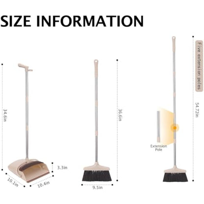 Broom and Dustpan Set with Long Handle, Light Weight Stainless Steel Poles Stand Upright Dustpans with Broom Combo for Home Kitchen Office Pet Dog Hair, Brown & Beige Color, 1-Pack - color: Beige