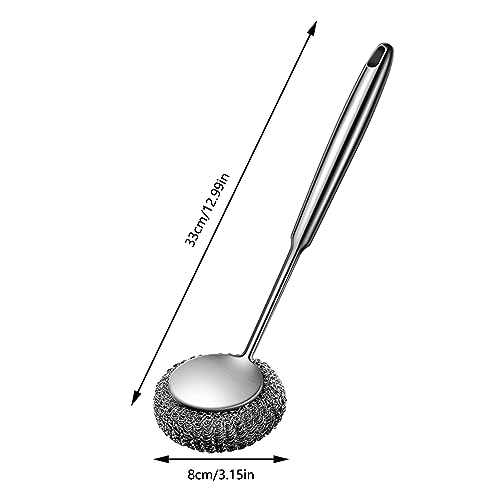Stainless Steel Scourer Scrub Set with Long Handle Brush+Steel Ball+Screwdriver Metal Scouring Pad Removes Grease, Oil and Dirt Stains from Pots, Dishes and Bakeware (A) - color: A
