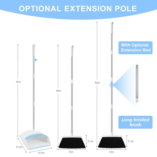 Broom with Dustpan Combo Set for Home, 52-in Long Adjustable Handle Angle Broom and Dustpan Set with Dustpan Comb Teeth for Sweeping Pet Hair Food Dirt Kitchen (White-Blue) - color: White-blue