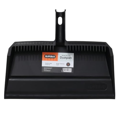 Superio Wide Plastic Dustpan with Comb - 16" Wide, Rubber Lip, Broom Handle Clip, Black - color: Black, size: 1 Pack