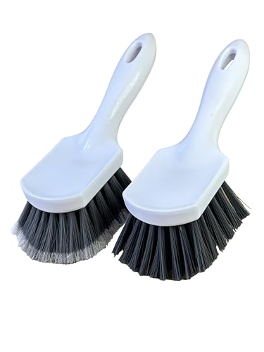 Short Handle Car Wheel and Tire Brush | Auto Detailing Car Wash Brush | Deep Cleaning Brush for Tires, Rims, Wheel Wells, Carpets, and Upholstery | Soft Bristles and Stiff Bristles | Pack of 2