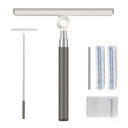 Shower Squeegee for Glass Doors, Telescopic 2-in-1 Squeegee for Window Cleaning with Microfiber Scrubber for Bathroom, Tile Wall, Car Windshield