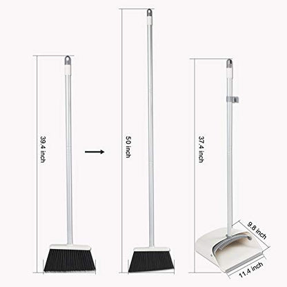 Broom and Dustpan Set, JEHONN Long Handle Lightweight Broom Set Upright Standing Dustpan Stand Up Store Sweep Set for Home Room Kitchen Office Lobby - color: Gray and White