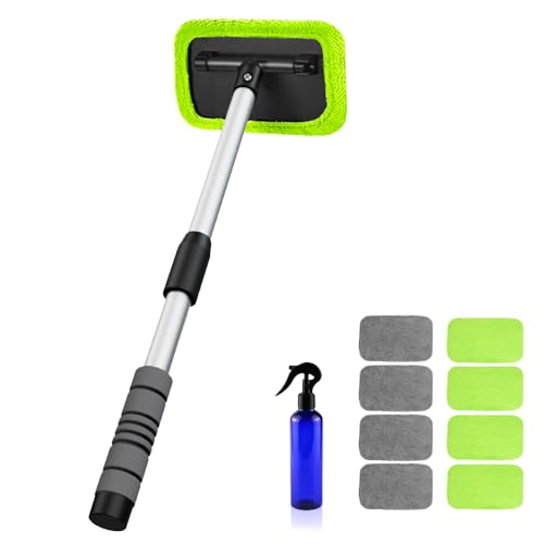 XINDELL Windshield Cleaner Tool – Car Window Cleaning Tool 22inch Extendable Long Handle for Easy Cleaning, 9pcs Reusable Microfiber Pads, Streak-Free Interior & Exterior Auto Glass Cleaner (Green) - size: 22in