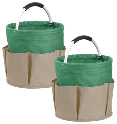 Set of 2 Foldable Cleaning Caddy for Cleaning Supplies, 17L Household Tool Bucket Organizer for Men, Large Cleaning Basket in 600D Oxford Fabric for Travel, Garden, Khaki with Green - color: Khaki with Green, size: 2PCS