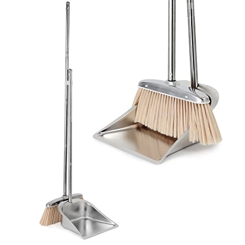 VOOWO Broom and Dustpan Set for Home, Stainless Steel Broom and Dustpan Set with Long Handle, Heavy Duty Dustpan Broom Set Standing Dust Pan Kitchen and Home Indoor Outdoor Broom - color: Silver Broom and Dustpan Set