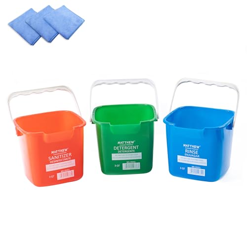 Matthew Red&Green&Blue Detergent and Sanitizing Cleaning Bucket 3 Quart Cleaning Pail,Set of 3 Square Containers,Built-In Spout w/Handle,Wash Rinse Sanitize Handwash Bucket,Incl.3Pcs Microfiber Cloths - color: Red&green&blue, size: 3 Quarts-3Pack