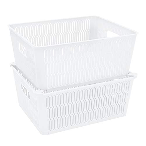Simplify 2Pk Large Slide 2 Stack It Tote Basket | Storage & Organization | Open Bins with Stackable Capability | Bathroom | Crafts | Pantry | Playroom | Office | White - color: White, size: Large, style: 2 Pack