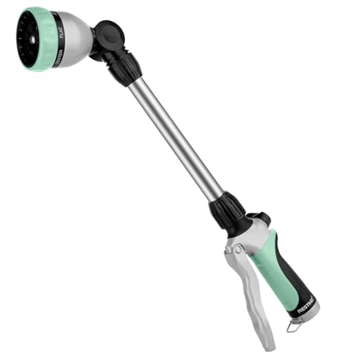 RESTMO Metal Watering Wand, Heavy Duty Garden Hose Wand with 180° Swivel Ratcheting Head, 16'' Hose Nozzle Sprayer with 7 Spray Patterns and Flow Control, for Water Hanging Baskets and Shrubs, Cyan - color: Cyan