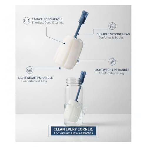Long Handle Bottle Brush with Sponge Head, 13 Inch Cleaning Tool for Vacuum Flask and Narrow Neck Containers (1 PC) - color: Blue