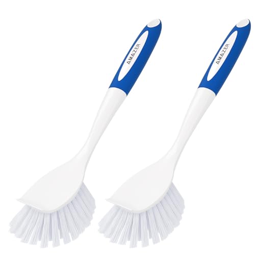Amazer Dish Brush with Handle, 2 Pack Kitchen Scrub Brushes with Built-in Scraper for Cleaning, Dish Scrubber with Stiff Bristles for Sink, Pots, Pans (Blue+Blue) - color: Blue+blue, size: 2 Pack