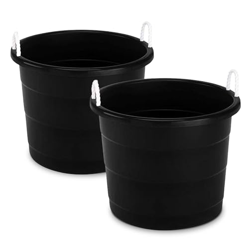 HOMZ 2-Pack Utility Tub, Large Plastic Storage Bucket with Rope Handles, 17 Gallon, Black - Portable Indoor and Outdoor Buckets for Kitchen, Laundry, Garden, Bathroom, and Garage Organization - color: Black