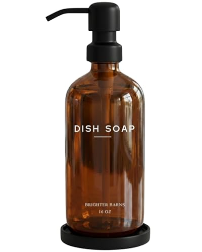 Amber Glass Dish Soap Dispenser for Kitchen Sink by Brighter Barns - Kitchen Soap Dispenser Set with Pump & Tray - Refillable Glass Bottle for Liquid - Modern Home Decor for Airbnb, Restaurant (Amber) - color: Amber D