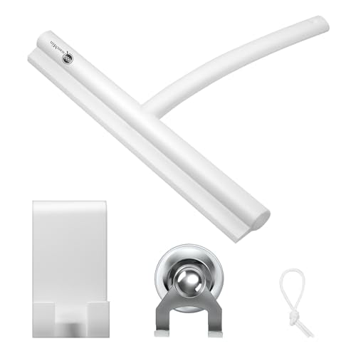 9 Inch All-Purpose Silicone Squeegee Scrubber with Suction & Hook, Streak-Free Glass Wiper for Shower Doors, Tile Walls, Windows, Mirrors & Household Cleaning (White) - size: Round Head-9 inch（White）