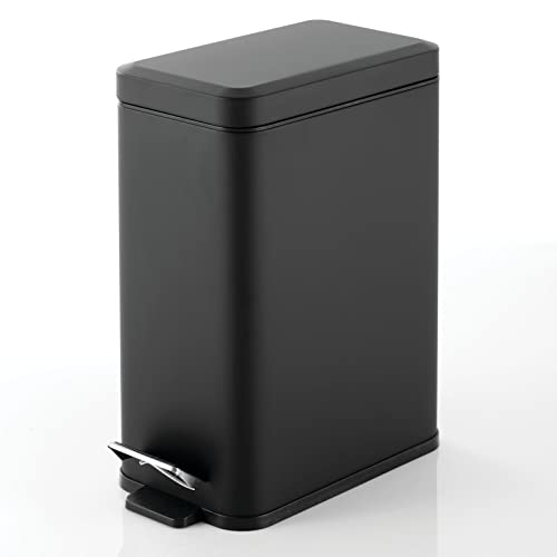 mDesign Pedal Bin — Waste Bin with Pedal, Lid and Plastic Bucket Insert for Bathroom, Kitchen, and Office — Metal Household Rubbish Bin with Ergonomic Design — Black - color: Black, size: 2.6 Gallon