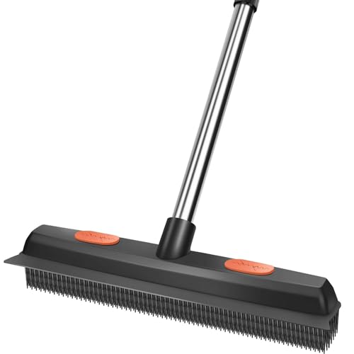 Pet Rubber Broom with 49inch Long Handle, Portable Detailing Lint Remover, Soft Push Broom for Fluff Carpet, Hardwood, Tile, Window (Black)